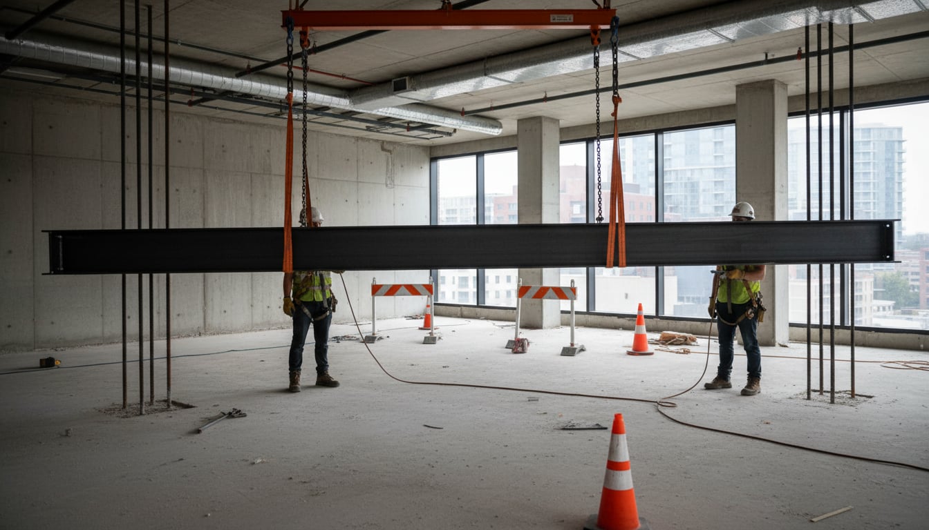 Steel stair stringer suspended during structural installation