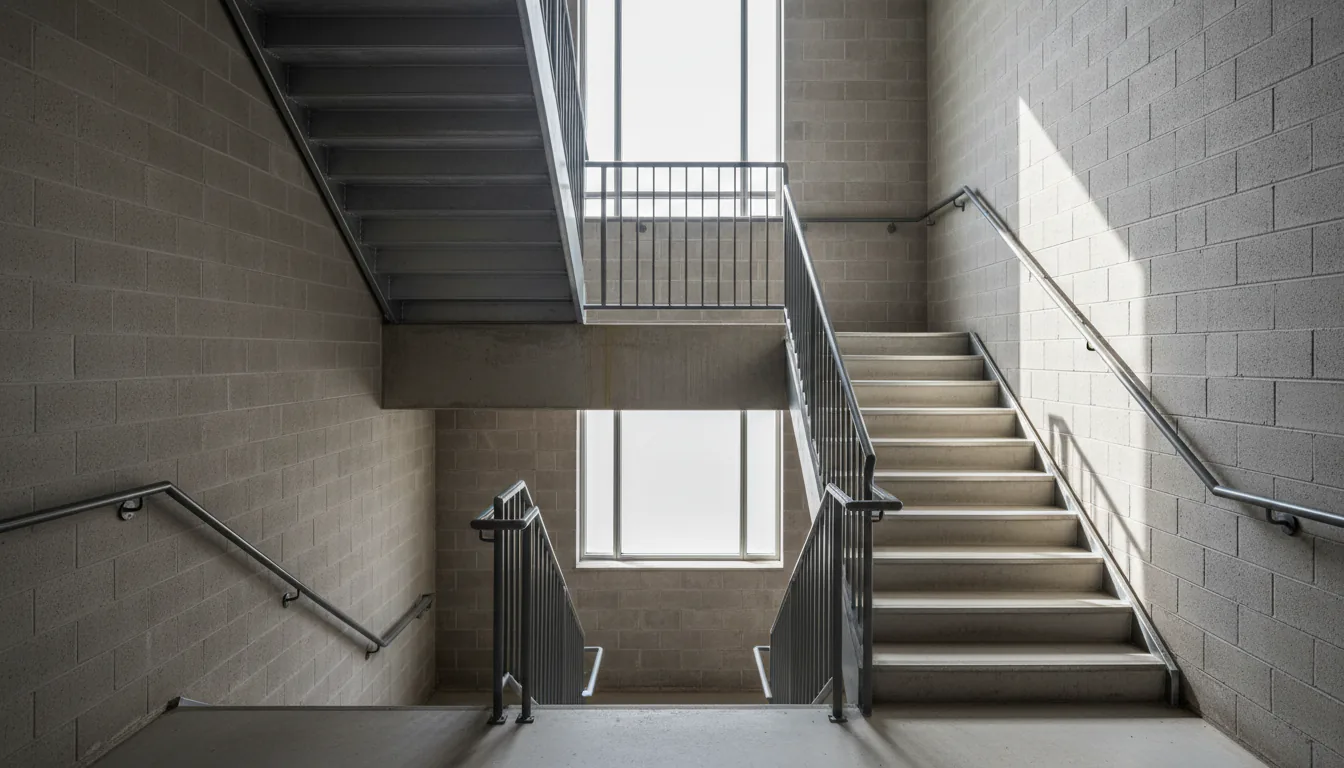 Galvanized steel switchback exit stair with steel-pan concrete-filled treads in a Vancouver commercial shaft