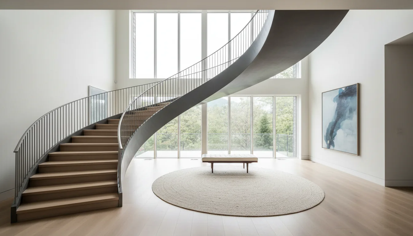 Sweeping helical staircase with white oak treads in a Vancouver custom home foyer