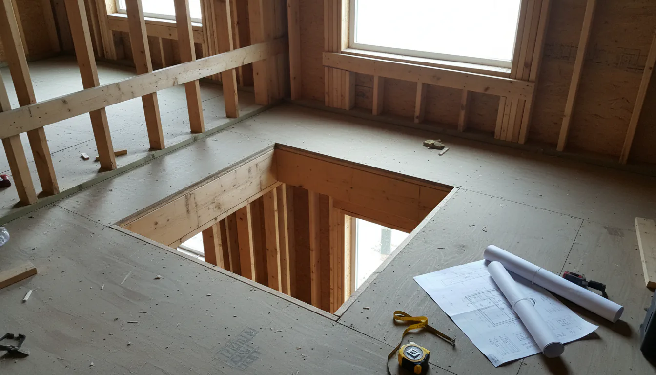 Framed stair opening in a Vancouver residential construction site before the steel staircase is installed, with stair drawings on the floor