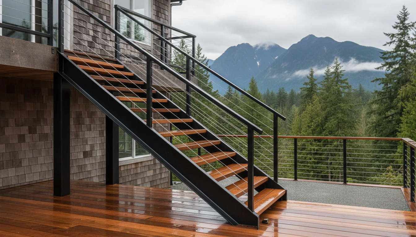Galvanized and powder-coated steel exterior stair with cedar treads on a North Shore Vancouver deck