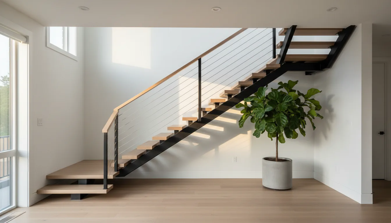 Floating mono stringer staircase with white oak treads and stainless cable railing in a Vancouver interior