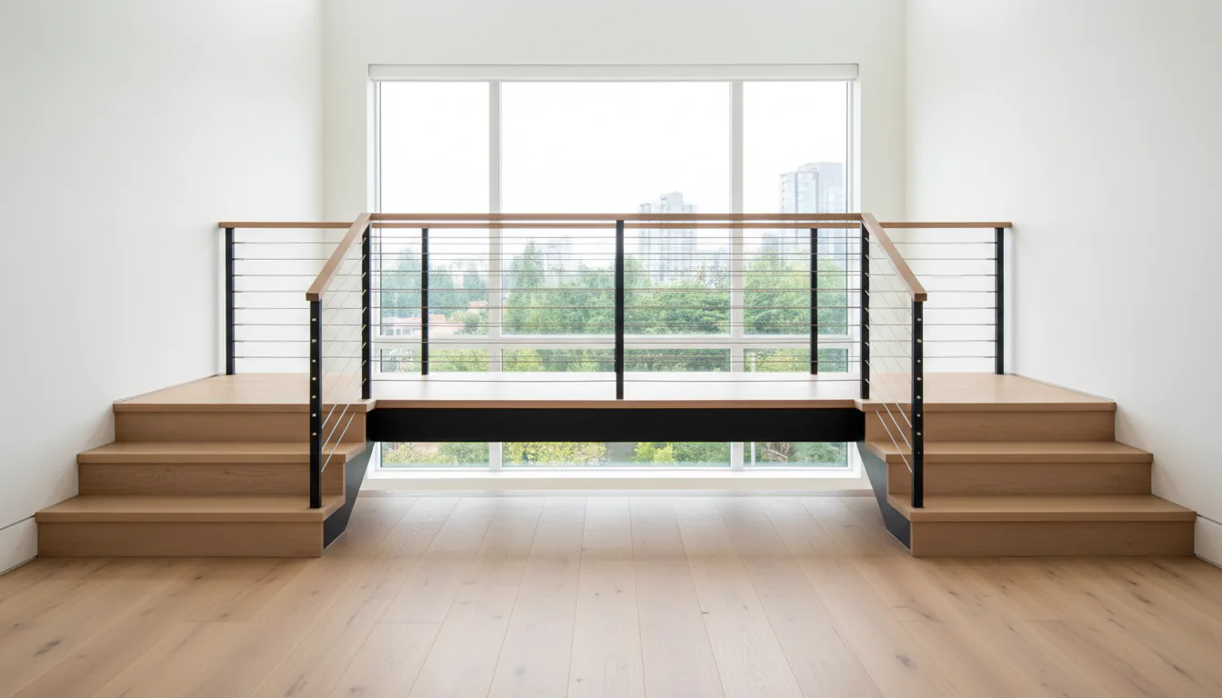 Floating mono stringer staircase with horizontal stainless cable railing in a Vancouver home