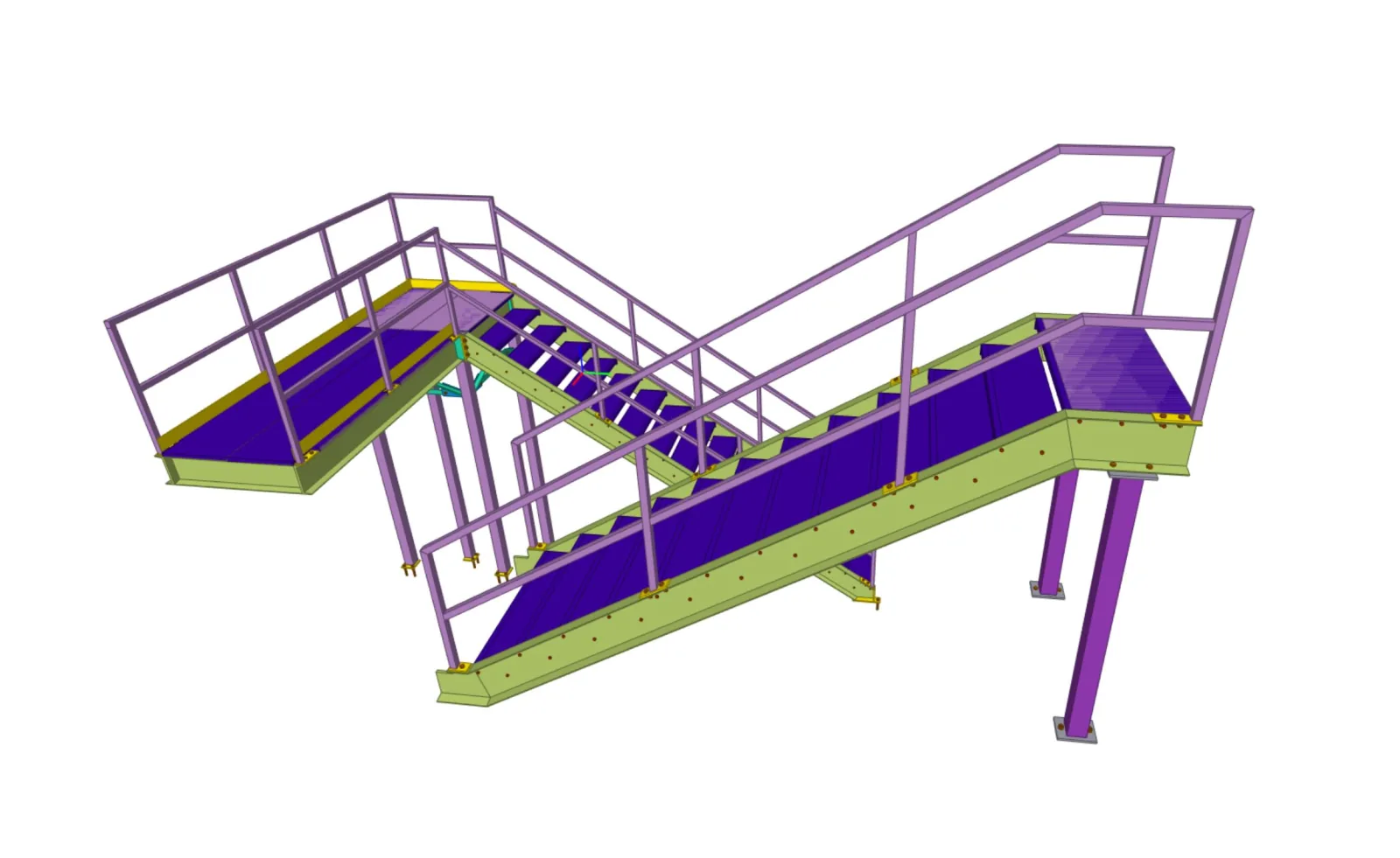 Tekla 3D structural model of a switchback warehouse access stair with intermediate landing, stringers, posts, and guard layout — the kind of shop drawing that goes through engineer review before fabrication