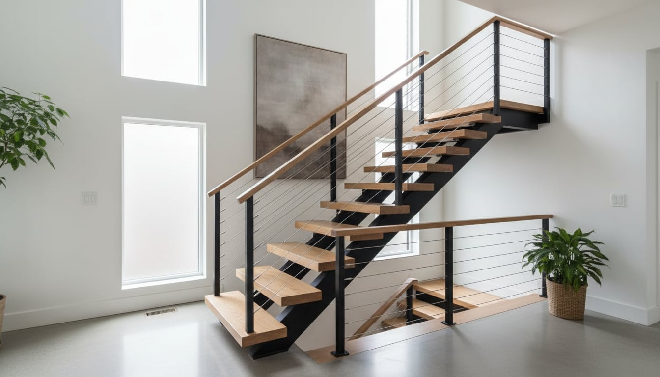 Interior mono stringer stair with oak treads and cable railing infill