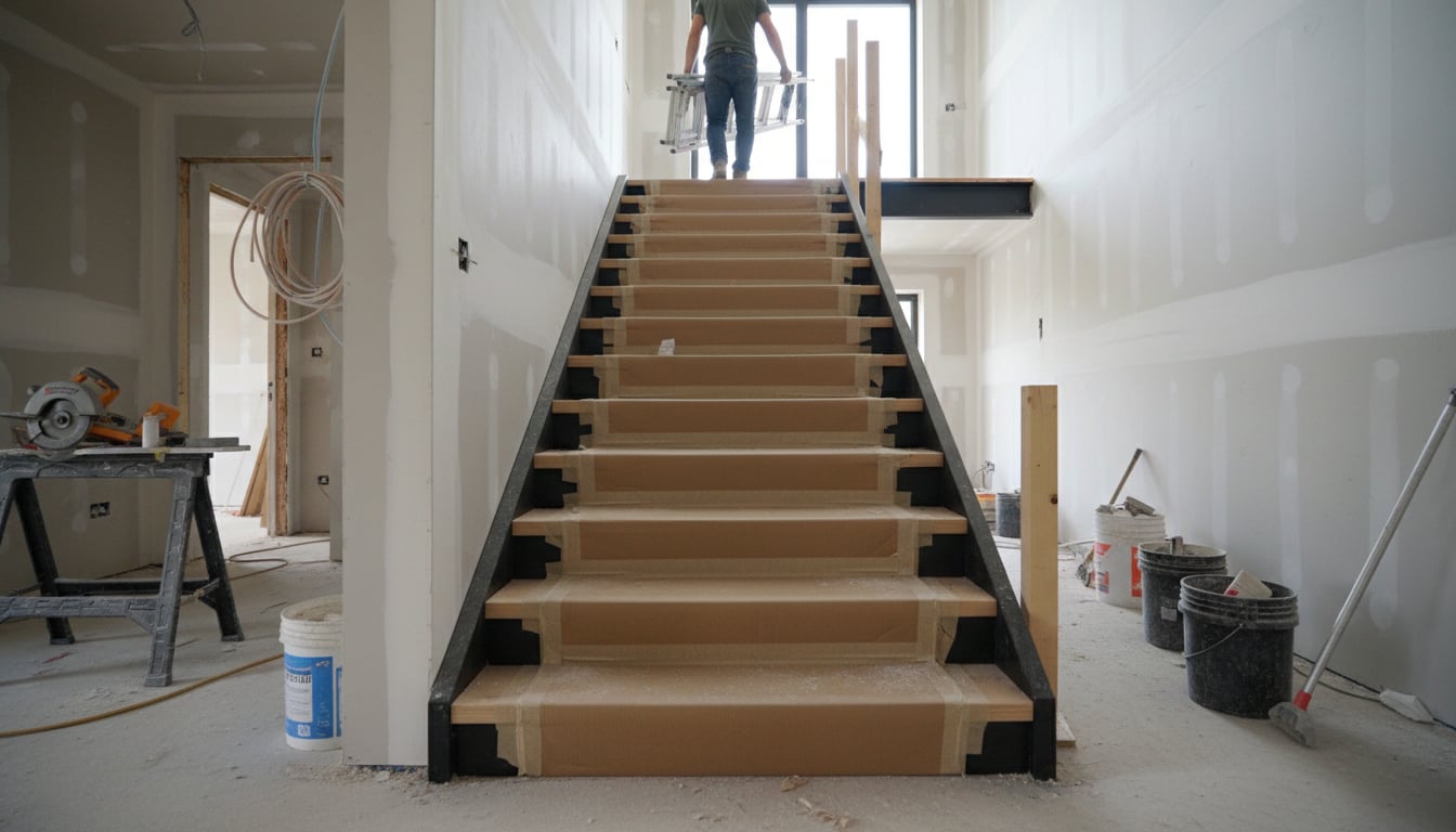 Mono stringer stair with tread masking and cardboard protection during construction