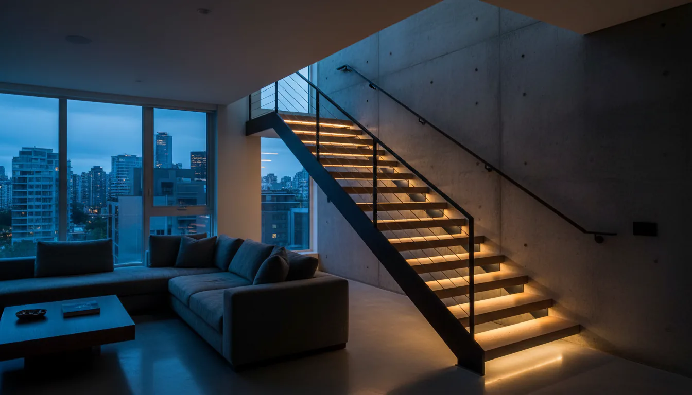 Floating mono stringer staircase with warm LED under-tread glow in a Vancouver interior