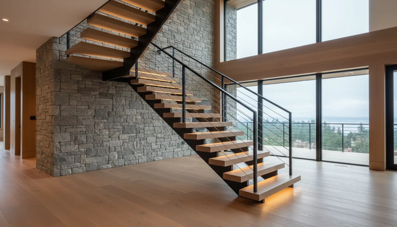 Mono stringer staircase with white oak treads, cable infill, and warm under-tread lighting in a Vancouver custom home