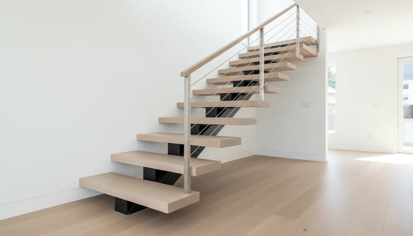 Mono stringer floating staircase with single central steel beam and white oak treads in a Vancouver home
