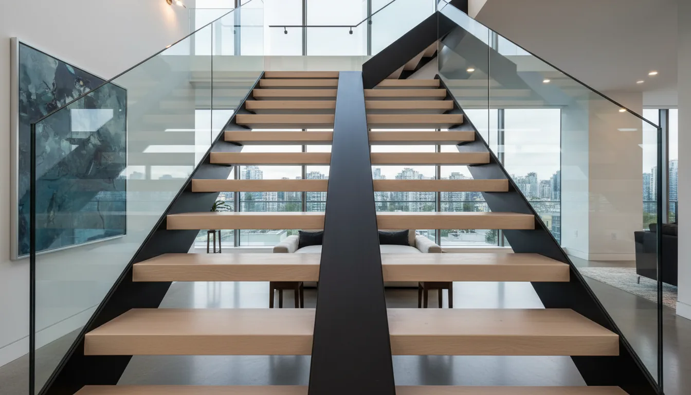 Matte black powder coated steel mono stringer staircase with white oak treads inside a Vancouver home