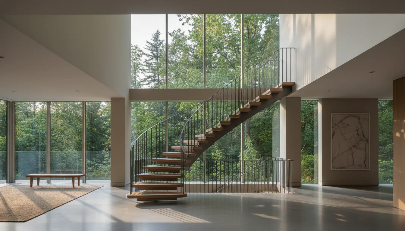 Sculptural mono stringer feature staircase with white oak treads in a Vancouver custom home foyer