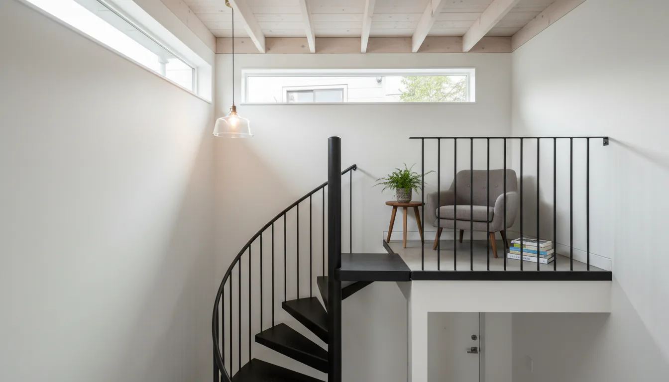Compact black steel spiral staircase in a Vancouver laneway loft