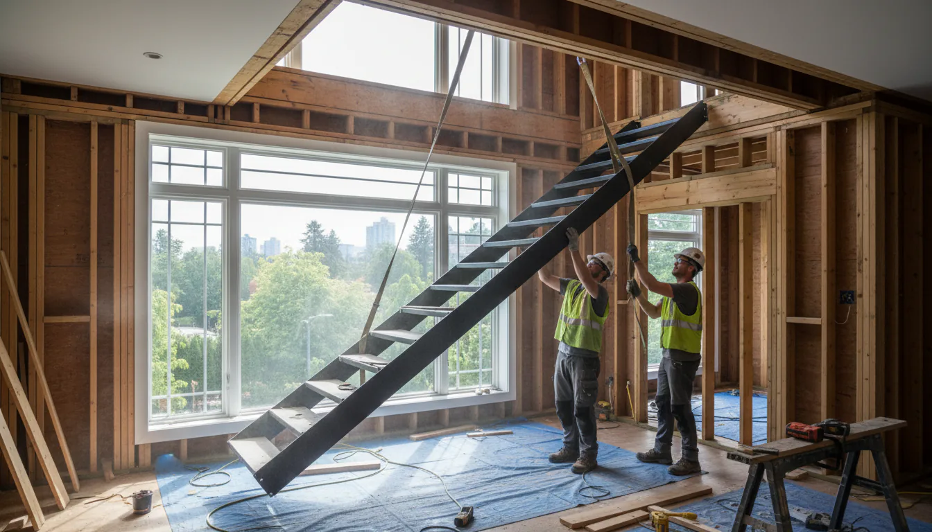 Vancouver home with old staircase removed and new steel mono stringer being installed