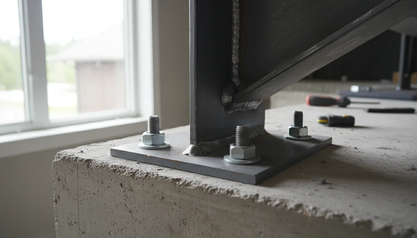 Steel stair stringer bolted to a concrete slab with an anchored base plate in a Vancouver residential build