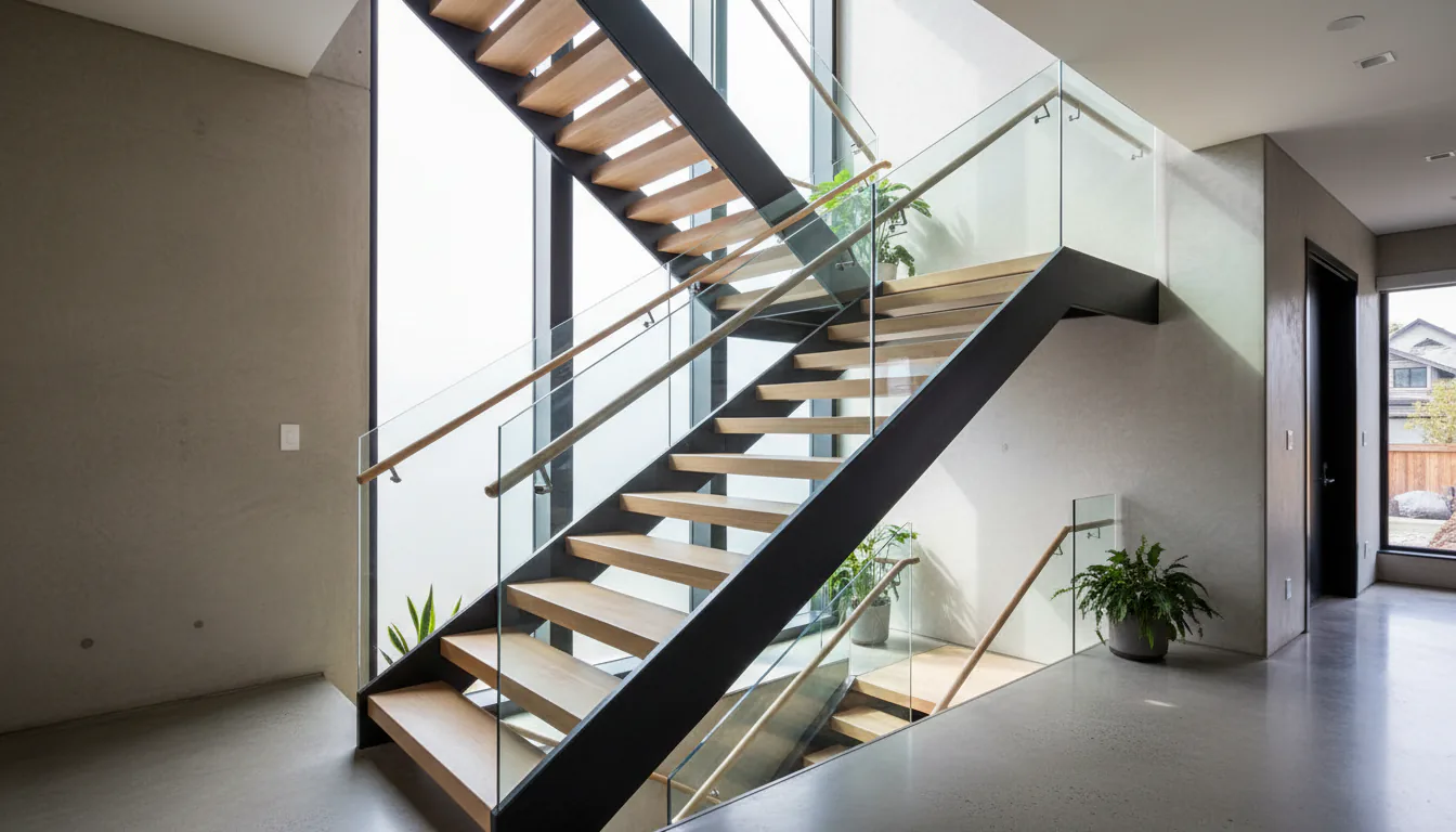 Modern steel switchback staircase with intermediate half-landing and glass guard panels inside a Vancouver residence