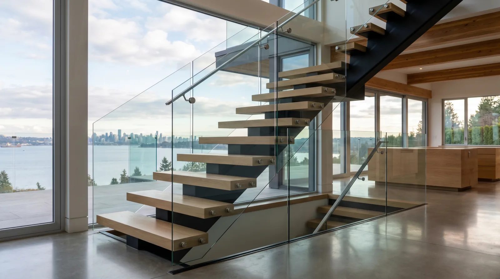 Mono stringer staircase with frameless glass railing and oak treads inside a West Vancouver view home overlooking Burrard Inlet